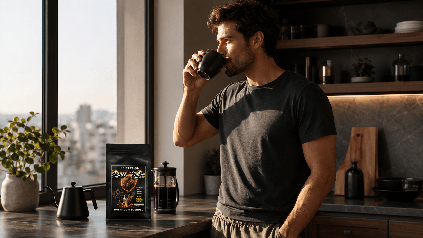 Мъж пие Space Coffee до прозореца