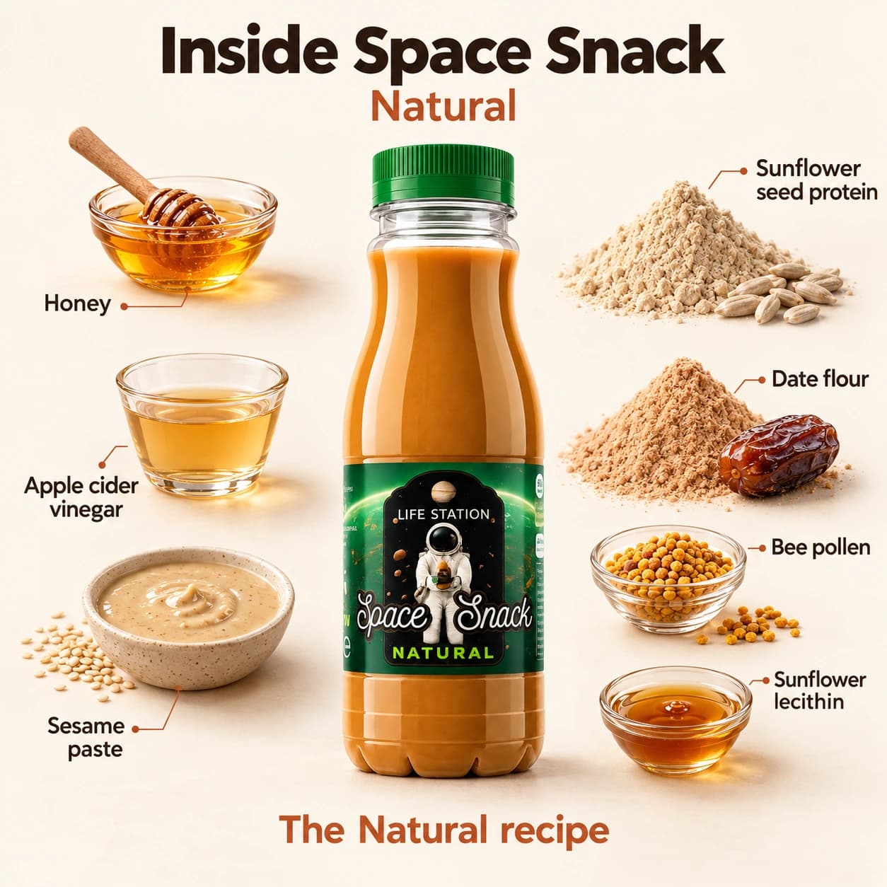 Space Snack — Натурал. Състав: натурален мед, натурален ябълков оцет, тахан от сусам, протеин от слънчогледово семе, брашно от фурми, пчелен прашец, слънчогледов лецитин.