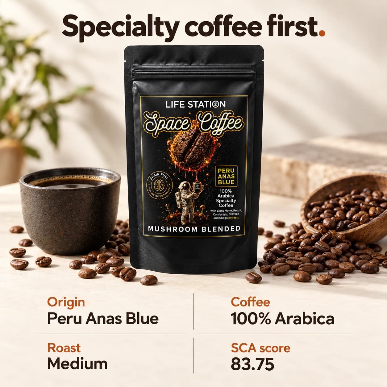 Кафе: 100% Арабика. Произход: Peru Anas Blue. SCA оценка: 83.75. Изпичане: Средно